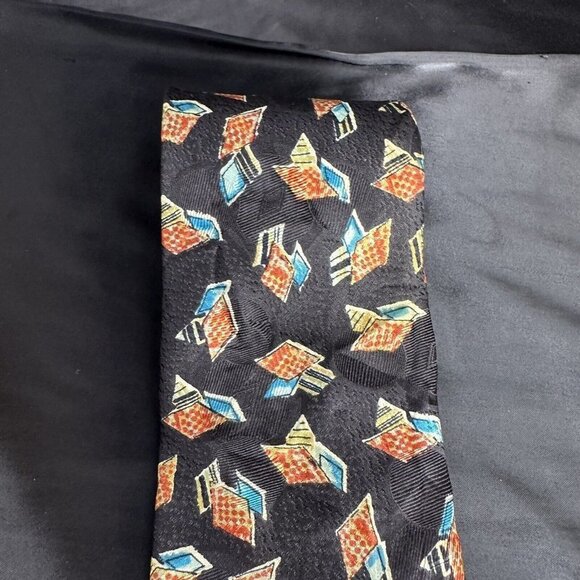 Vintage Damon Mens Black Necktie Blue and Orange Geometric Silk Made In Italy - Picture 3 of 16